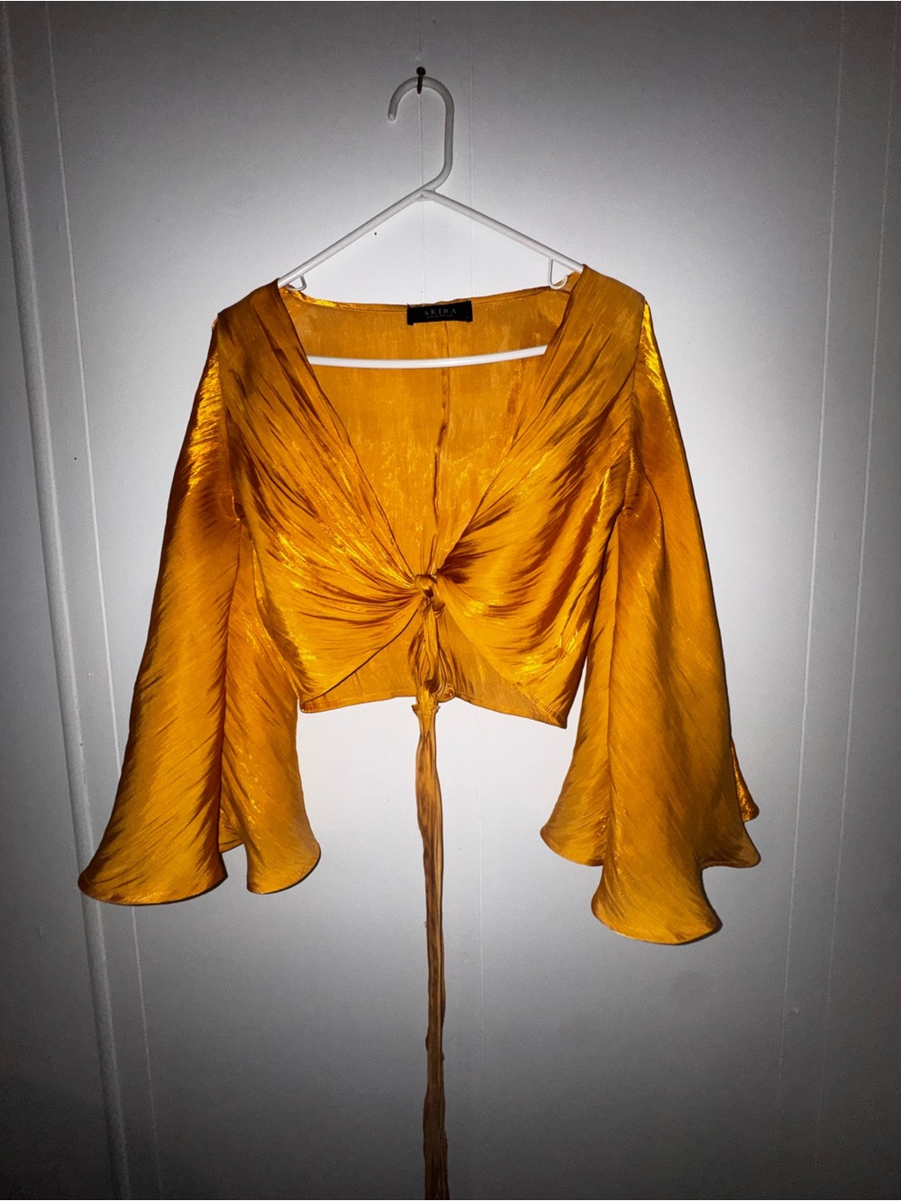 AKIRA Golden Yellow Satin Tie-Front Crop Top